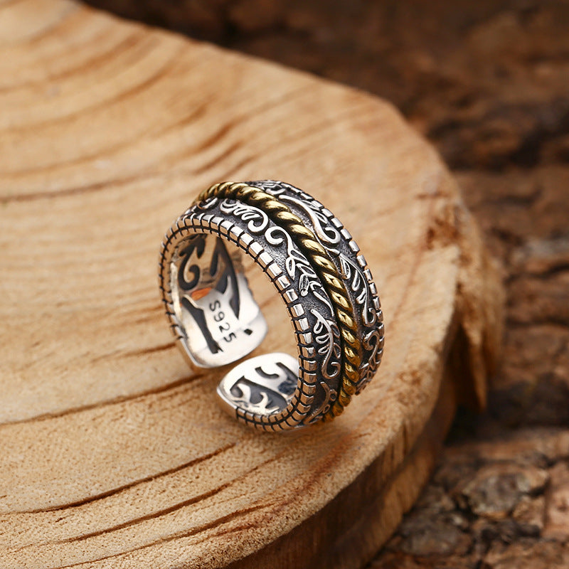 Buddha Stones925スターリングシルバー唐代花デザイン幸運調節可能リング - image 1