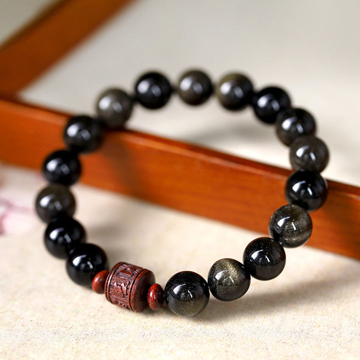 Buddha Stones天然ゴールド光沢オブシディアン レインボーオブシディアンオーム・マニ・パドメ・フムフーキャラクターヒーリングブレスレット