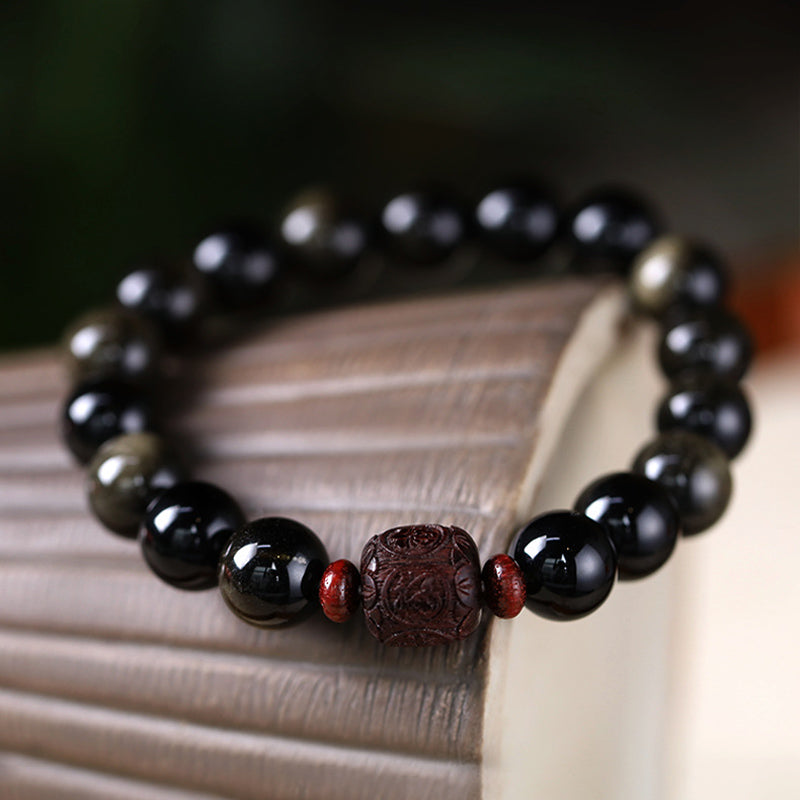 Buddha Stones天然ゴールド光沢オブシディアン レインボーオブシディアンオーム・マニ・パドメ・フムフーキャラクターヒーリングブレスレット