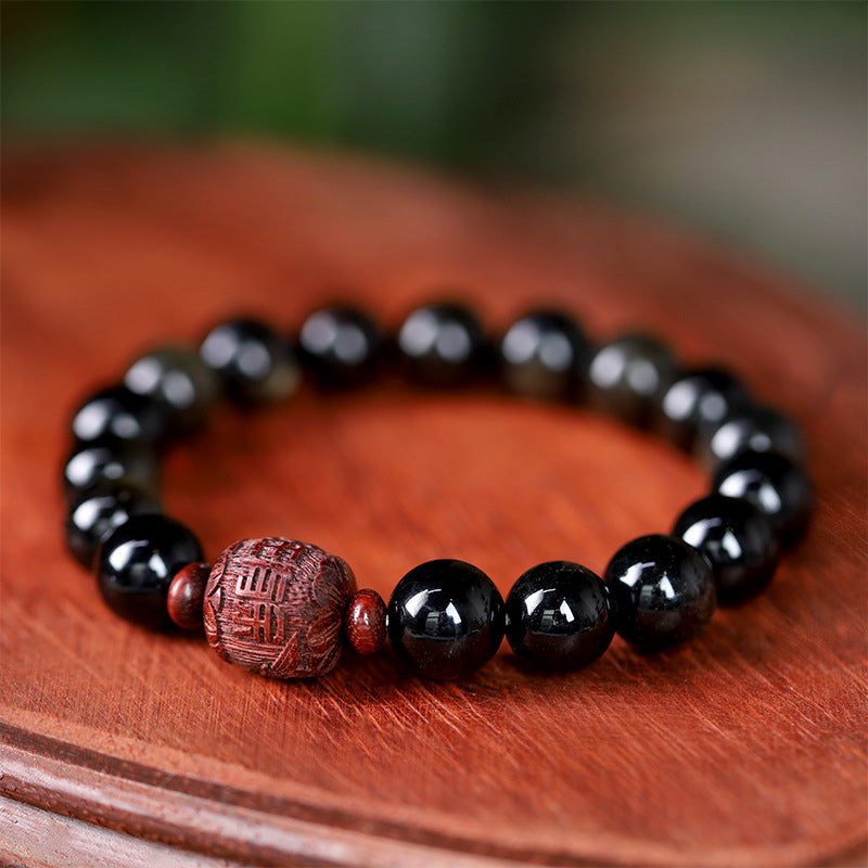 Buddha Stones天然ゴールド光沢オブシディアン レインボーオブシディアンオーム・マニ・パドメ・フムフーキャラクターヒーリングブレスレット