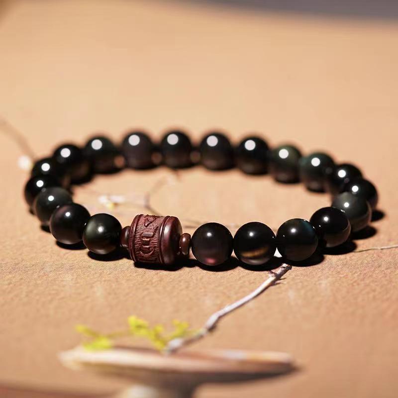 Buddha Stones天然ゴールド光沢オブシディアン レインボーオブシディアンオーム・マニ・パドメ・フムフーキャラクターヒーリングブレスレット