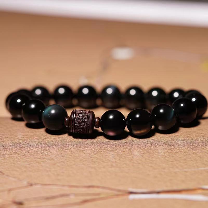 Buddha Stones天然ゴールド光沢オブシディアン レインボーオブシディアンオーム・マニ・パドメ・フムフーキャラクターヒーリングブレスレット