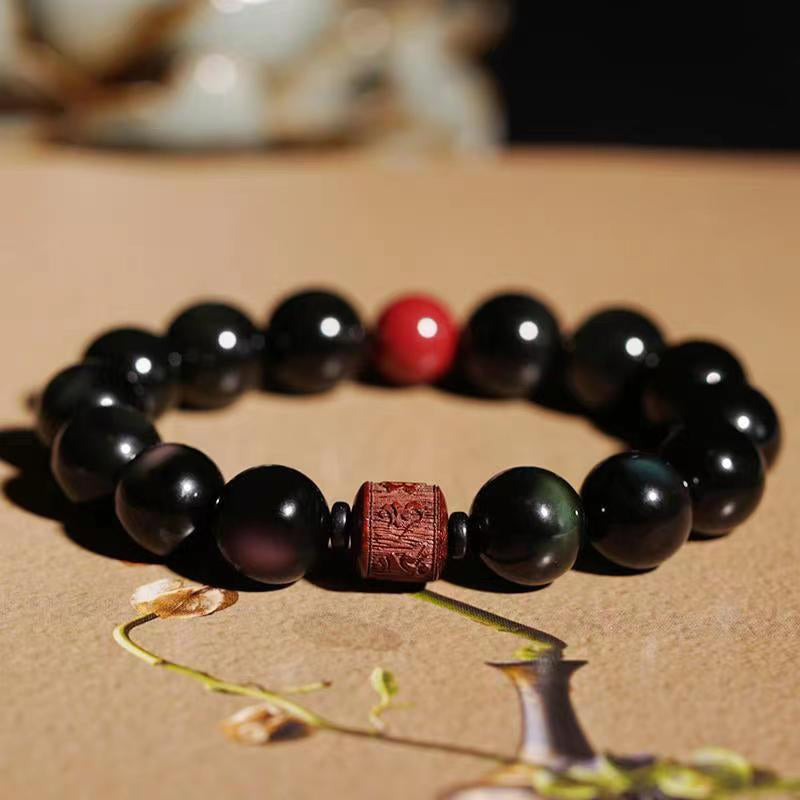 Buddha Stones天然ゴールド光沢オブシディアン レインボーオブシディアンオーム・マニ・パドメ・フムフーキャラクターヒーリングブレスレット