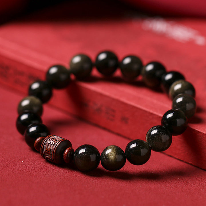 Buddha Stones天然ゴールド光沢オブシディアン レインボーオブシディアンオーム・マニ・パドメ・フムフーキャラクターヒーリングブレスレット