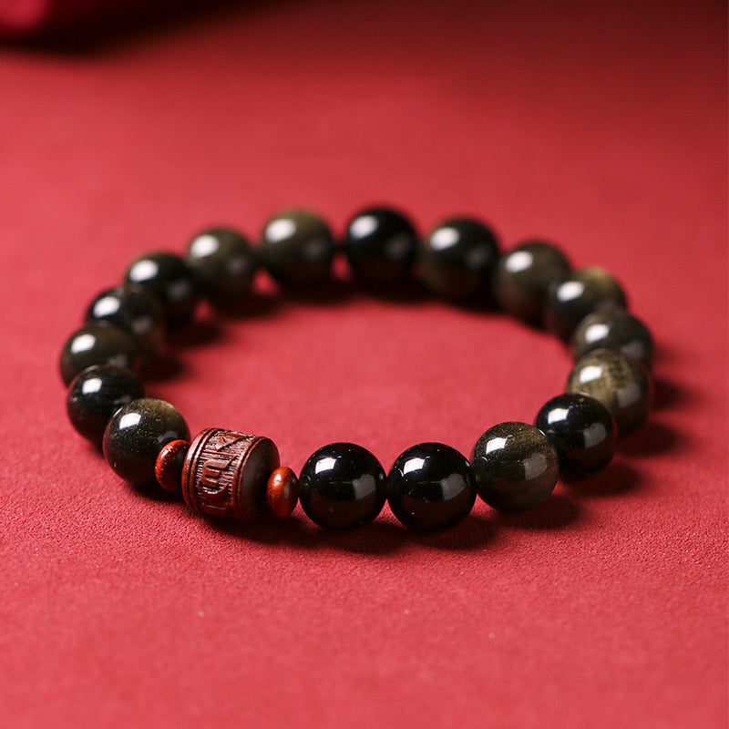 Buddha Stones天然ゴールド光沢オブシディアン レインボーオブシディアンオーム・マニ・パドメ・フムフーキャラクターヒーリングブレスレット