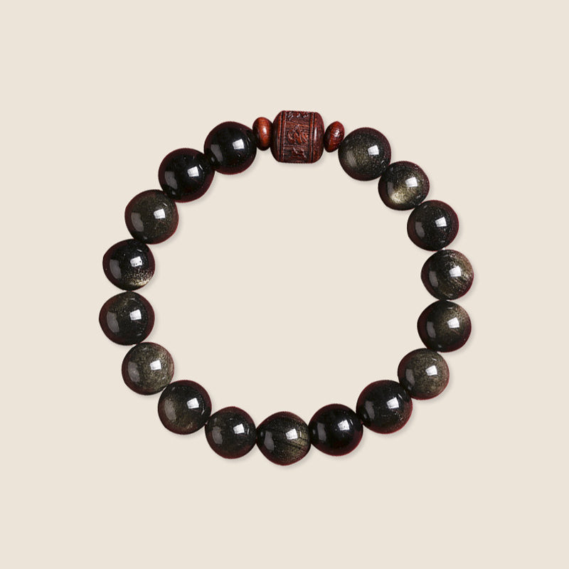Buddha Stones天然ゴールド光沢オブシディアン レインボーオブシディアンオーム・マニ・パドメ・フムフーキャラクターヒーリングブレスレット