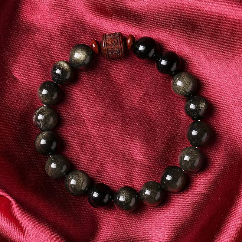 Buddha Stones天然ゴールド光沢オブシディアン レインボーオブシディアンオーム・マニ・パドメ・フムフーキャラクターヒーリングブレスレット