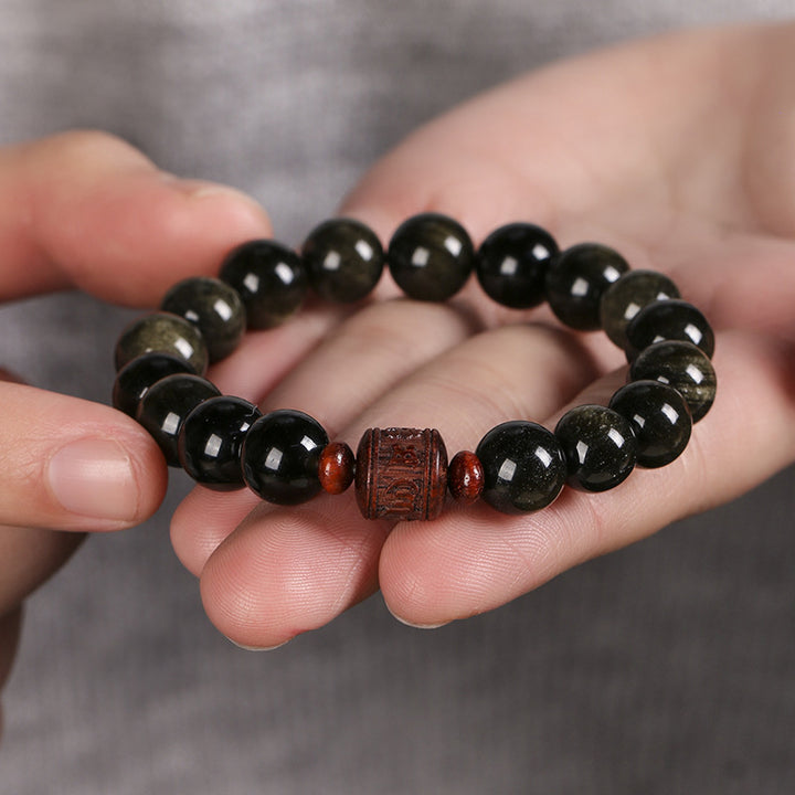 Buddha Stones天然ゴールド光沢オブシディアン レインボーオブシディアンオーム・マニ・パドメ・フムフーキャラクターヒーリングブレスレット