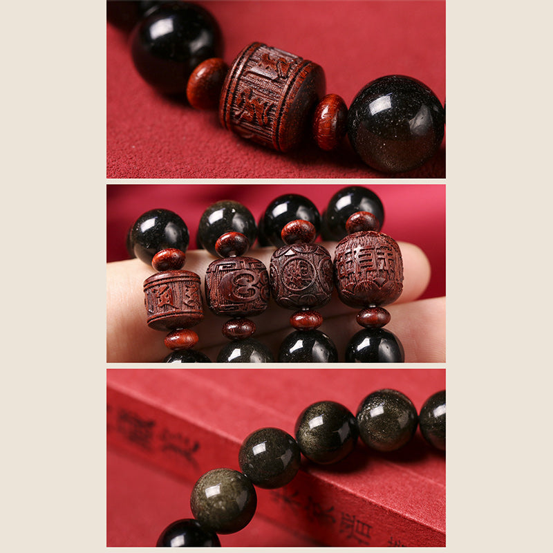 Buddha Stones天然ゴールド光沢オブシディアン レインボーオブシディアンオーム・マニ・パドメ・フムフーキャラクターヒーリングブレスレット