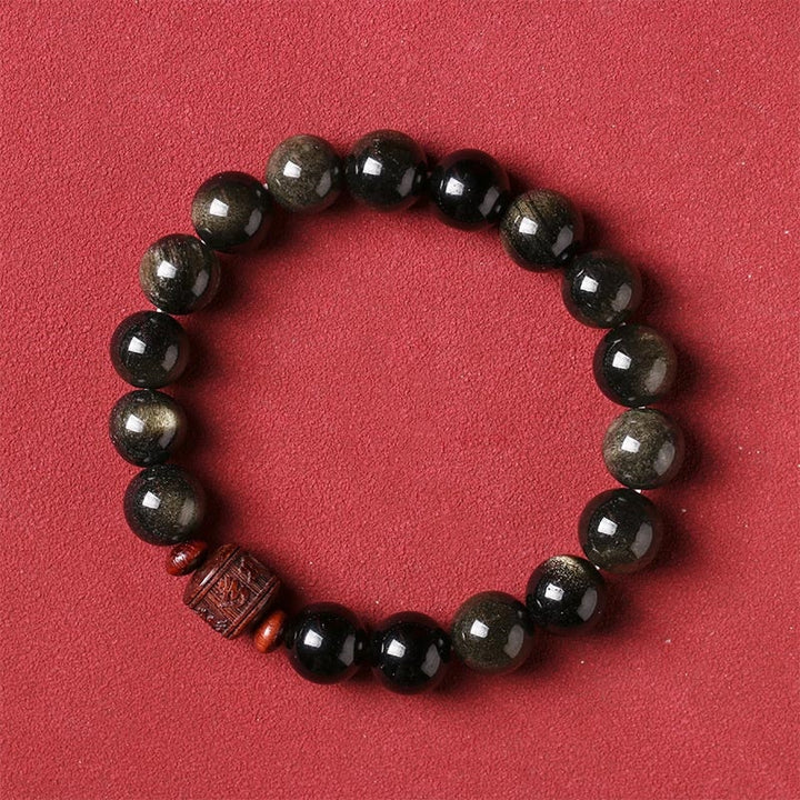 Buddha Stones天然ゴールド光沢オブシディアン レインボーオブシディアンオーム・マニ・パドメ・フムフーキャラクターヒーリングブレスレット