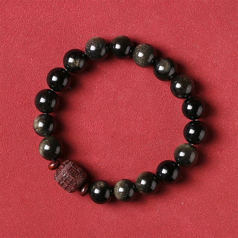Buddha Stones天然ゴールド光沢オブシディアン レインボーオブシディアンオーム・マニ・パドメ・フムフーキャラクターヒーリングブレスレット