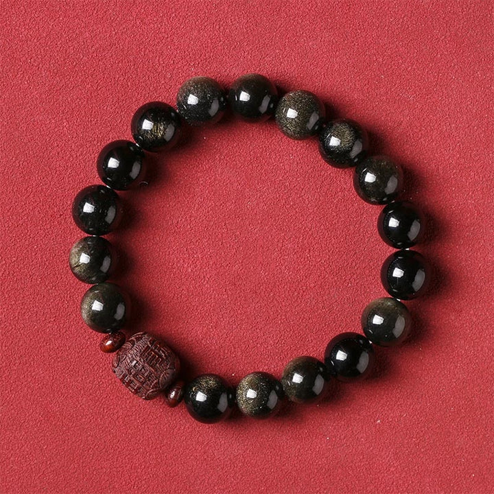 Buddha Stones天然ゴールド光沢オブシディアン レインボーオブシディアンオーム・マニ・パドメ・フムフーキャラクターヒーリングブレスレット