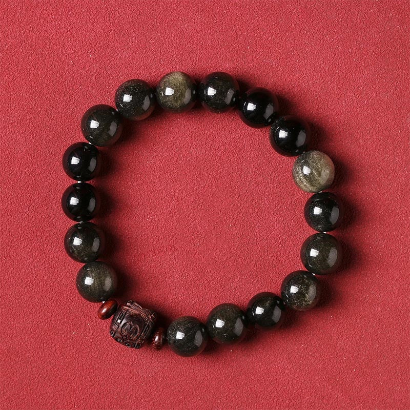 Buddha Stones天然ゴールド光沢オブシディアン レインボーオブシディアンオーム・マニ・パドメ・フムフーキャラクターヒーリングブレスレット