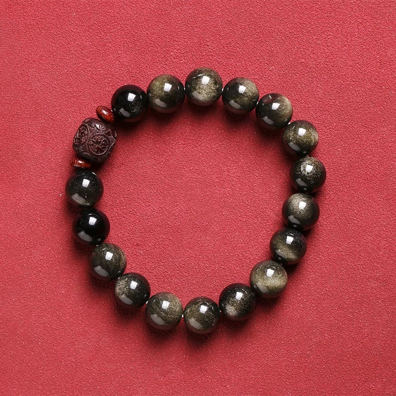 Buddha Stones天然ゴールド光沢オブシディアン レインボーオブシディアンオーム・マニ・パドメ・フムフーキャラクターヒーリングブレスレット