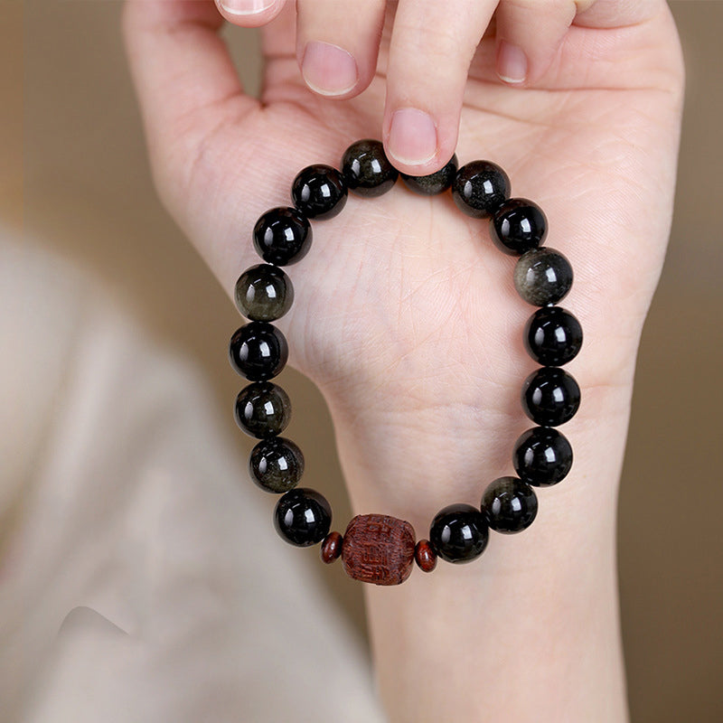 Buddha Stones天然ゴールド光沢オブシディアン レインボーオブシディアンオーム・マニ・パドメ・フムフーキャラクターヒーリングブレスレット