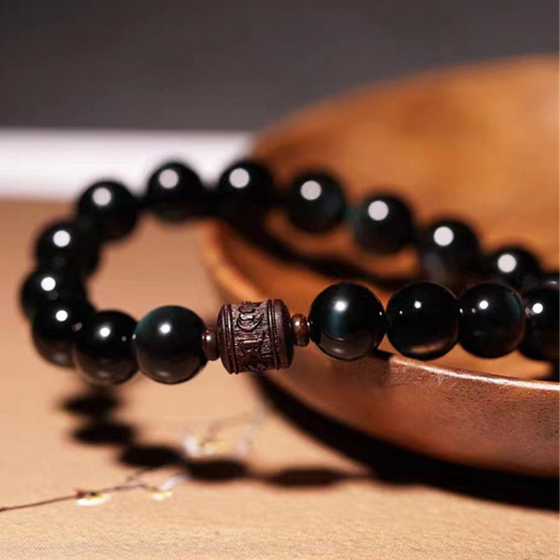 Buddha Stones天然ゴールド光沢オブシディアン レインボーオブシディアンオーム・マニ・パドメ・フムフーキャラクターヒーリングブレスレット