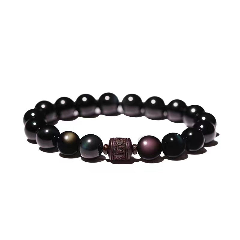 Buddha Stones天然ゴールド光沢オブシディアン レインボーオブシディアンオーム・マニ・パドメ・フムフーキャラクターヒーリングブレスレット