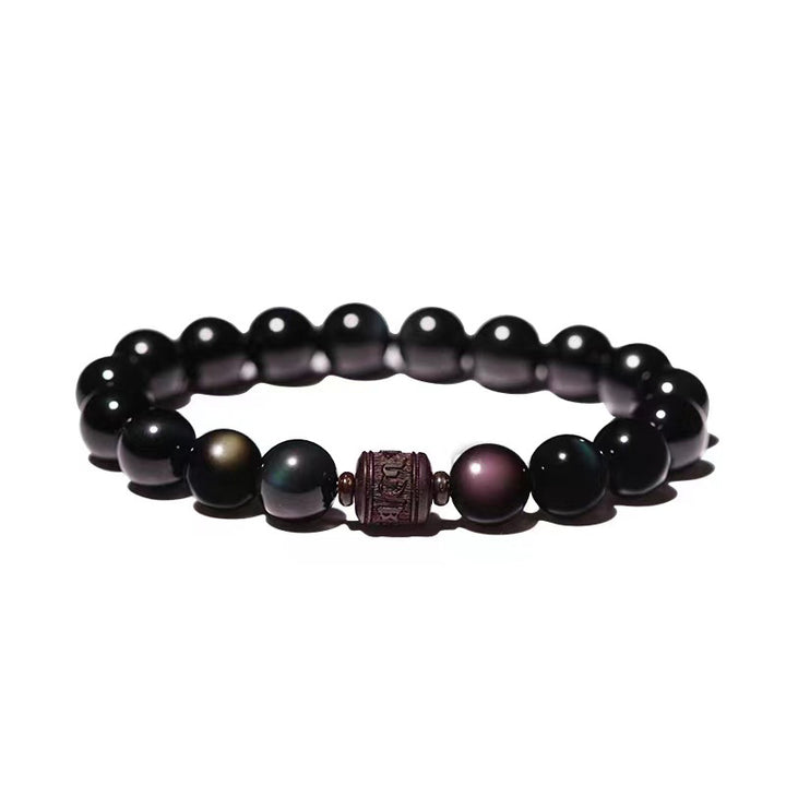Buddha Stones天然ゴールド光沢オブシディアン レインボーオブシディアンオーム・マニ・パドメ・フムフーキャラクターヒーリングブレスレット