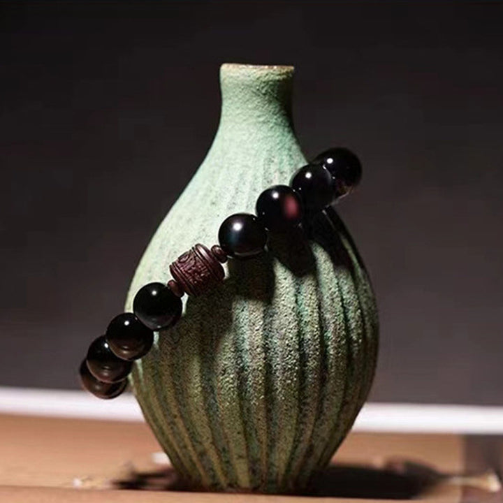 Buddha Stones天然ゴールド光沢オブシディアン レインボーオブシディアンオーム・マニ・パドメ・フムフーキャラクターヒーリングブレスレット