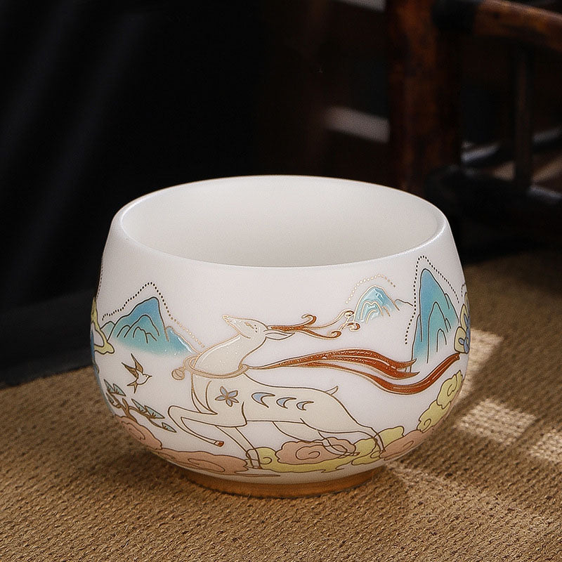 Buddha Stones蝉 竹 鹿 鶴 蓮 梅 花 陶器 ティーカップ カンフー ティーカップ ボウル 185ml