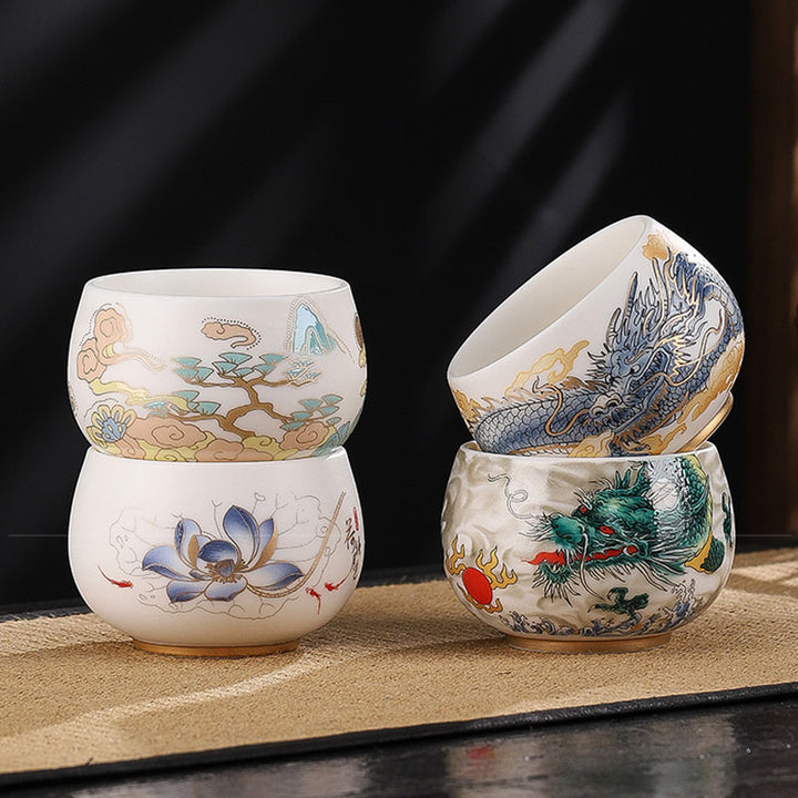 Buddha Stones蝉 竹 鹿 鶴 蓮 梅 花 陶器 ティーカップ カンフー ティーカップ ボウル 185ml