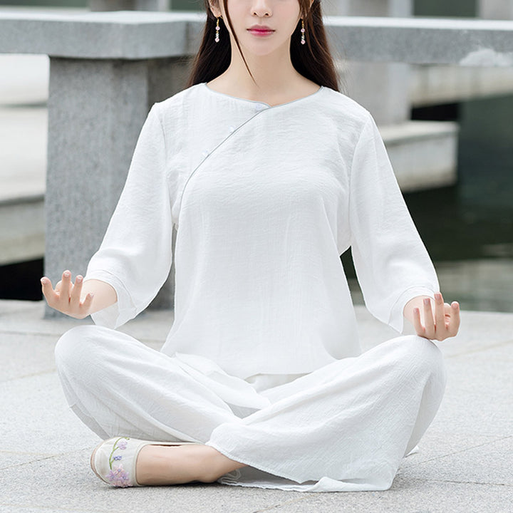 Buddha Stones2点セット シンプルデザイン ホワイトトップパンツ 瞑想 ヨガ 禅 太極拳 コットンリネン 衣類 レディース セット - ホワイト（トップス＆パンツ）- US8-10、 UK/AU12-14、EU40-42（3XL） - image 0