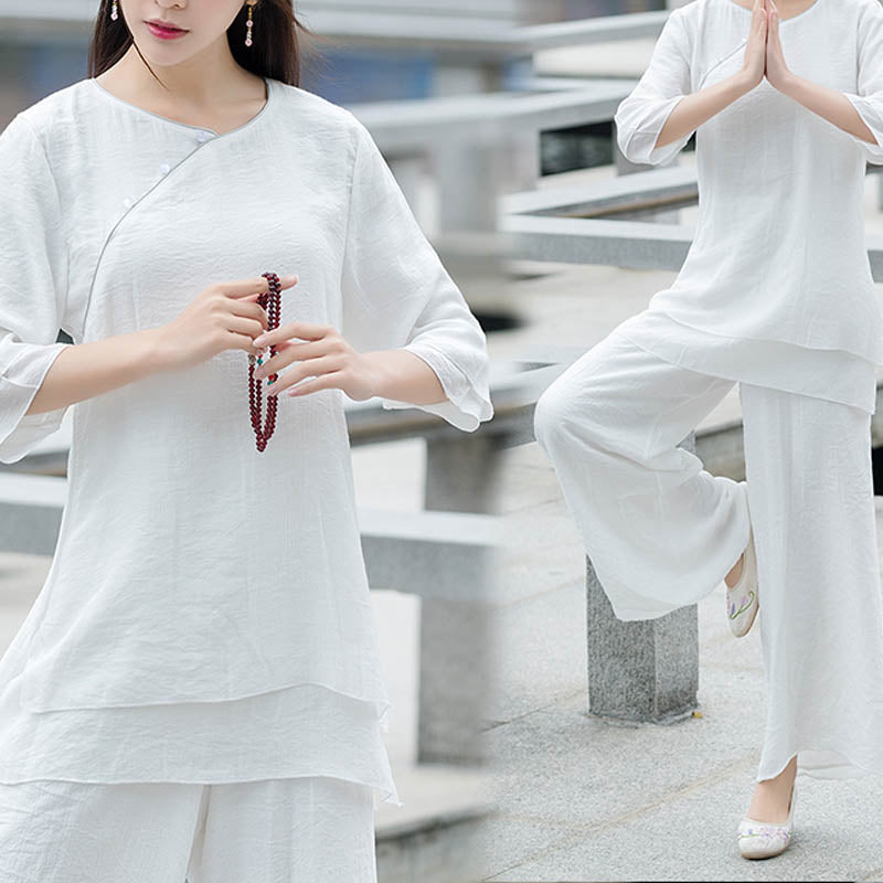 Buddha Stones2点セット シンプルデザイン ホワイトトップパンツ 瞑想 ヨガ 禅 太極拳 コットンリネン 衣類 レディース セット - image 1