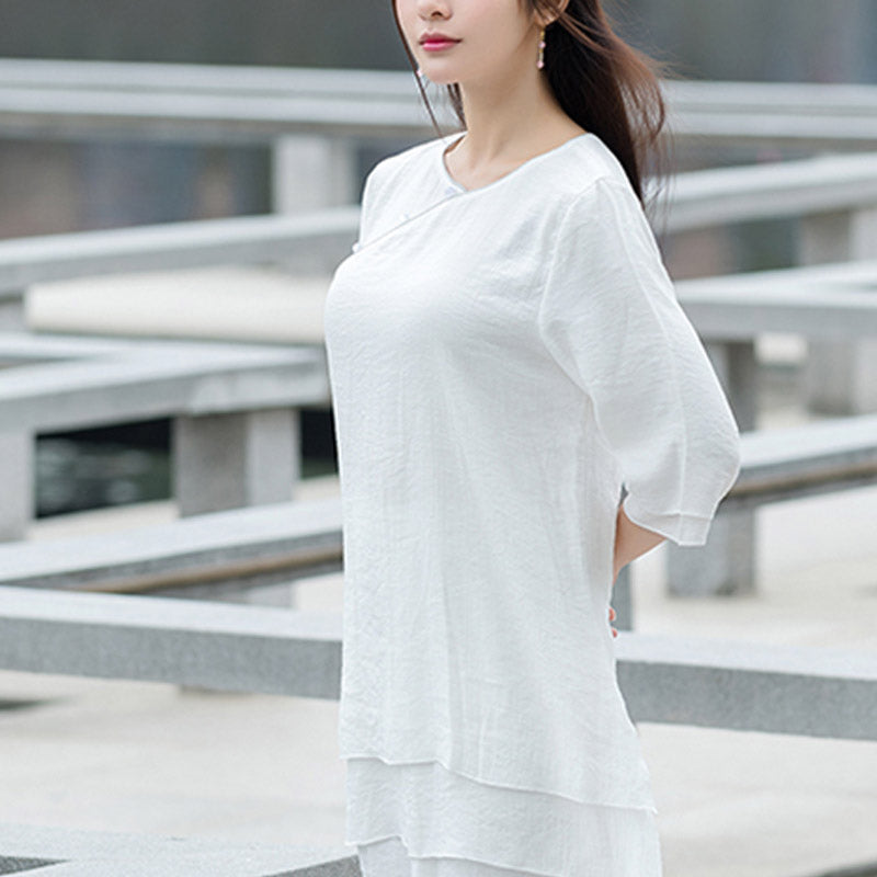 Buddha Stones 2点セット シンプルデザイン ホワイトトップパンツ 瞑想 ヨガ 禅 太極拳 ウェア レディース セット - image 5