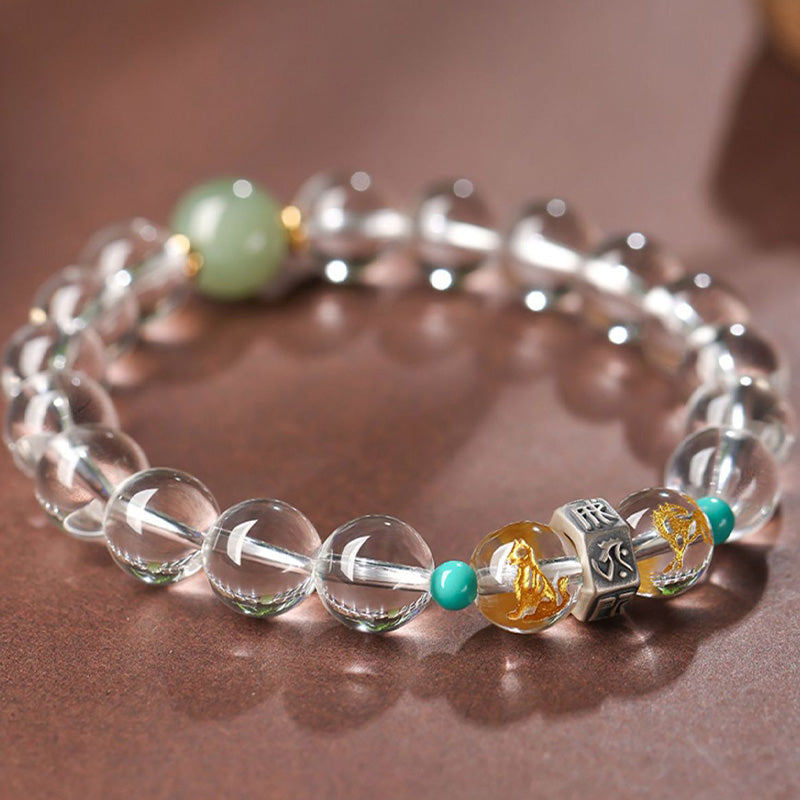 Buddha Stones925 スターリングシルバー十二支誕生仏の良いグループ ホワイトクリスタル 和田翡翠 ヒーリングブレスレット