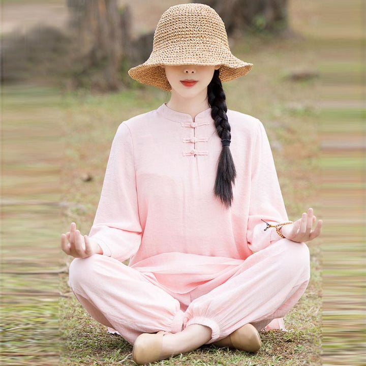 Buddha Stones2点セット 無地デザイン トップス パンツ 瞑想 ヨガ 禅 太極拳 コットン リネン 衣類 レディース セット - image 1