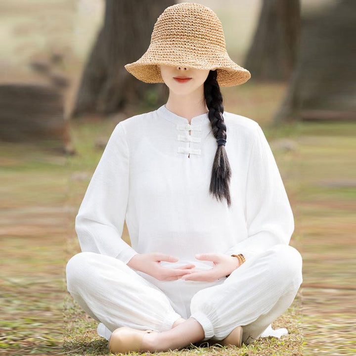 Buddha Stones2点セット 無地デザイン トップス パンツ 瞑想 ヨガ 禅 太極拳 コットン リネン 衣類 レディース セット - ホワイトフロントチャイナフロッグボタン（トップス＆パンツ） - US8-10，UK/AU12-14，EU40-42 (2XL) - image 16