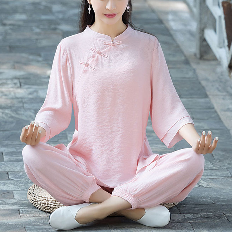 Buddha Stones2点セット 無地デザイン トップス パンツ 瞑想 ヨガ 禅 太極拳 コットン リネン 衣類 レディース セット - ピンクのチャイニーズフロッグボタン（トップス＆パンツ） - US8-10，UK/AU12-14，EU40-42 (2XL) - image 26