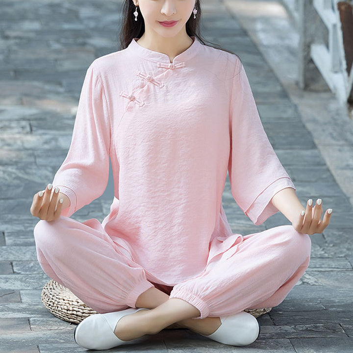 Buddha Stones2点セット 無地デザイン トップス パンツ 瞑想 ヨガ 禅 太極拳 コットン リネン 衣類 レディース セット - ピンクのチャイニーズフロッグボタン（トップス＆パンツ） - US8-10，UK/AU12-14，EU40-42 (2XL) - image 26
