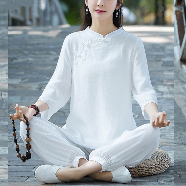 Buddha Stones2点セット 無地デザイン トップス パンツ 瞑想 ヨガ 禅 太極拳 コットン リネン 衣類 レディース セット - 白い中国のカエルボタン（トップス＆パンツ） - US8-10，UK/AU12-14，EU40-42 (2XL) - image 25