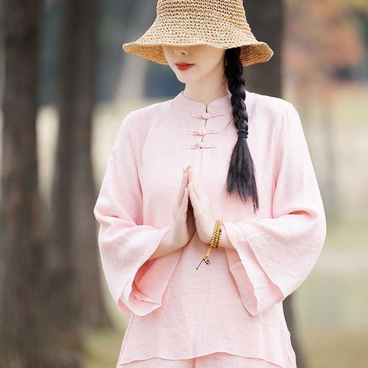 Buddha Stones2点セット 無地デザイン トップス パンツ 瞑想 ヨガ 禅 太極拳 コットン リネン 衣類 レディース セット - image 3