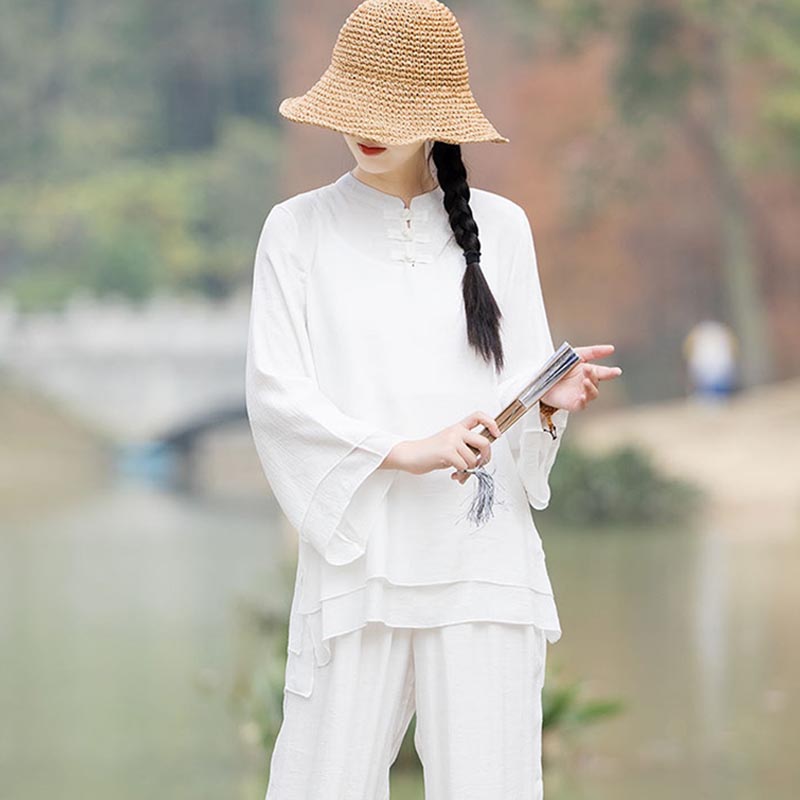 Buddha Stones2点セット 無地デザイン トップス パンツ 瞑想 ヨガ 禅 太極拳 コットン リネン 衣類 レディース セット - image 17