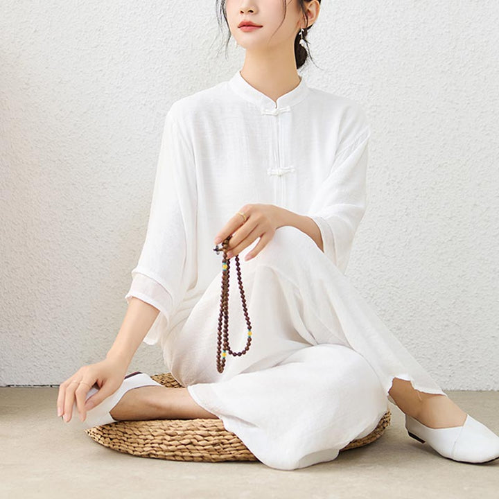 Buddha Stones2点セット シンプル 中国風 カエルボタンデザイン トップス パンツ 瞑想 ヨガ 禅 太極拳 コットン 衣類 レディース セット - ホワイト(トップス&パンツ) - US12、 UK/AU16、 EU44 (2XL) - image 8