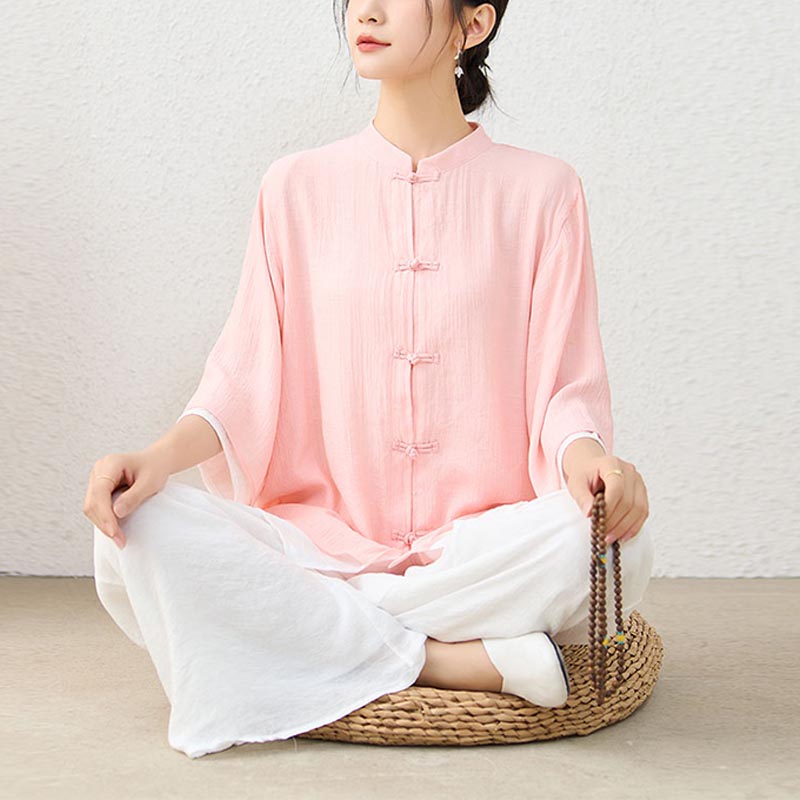 Buddha Stones2点セット シンプル 中国風 カエルボタンデザイン トップス パンツ 瞑想 ヨガ 禅 太極拳 コットン 衣類 レディース セット - ピンクのトップスと白いパンツ - US12、 UK/AU16、 EU44 (2XL) - image 0
