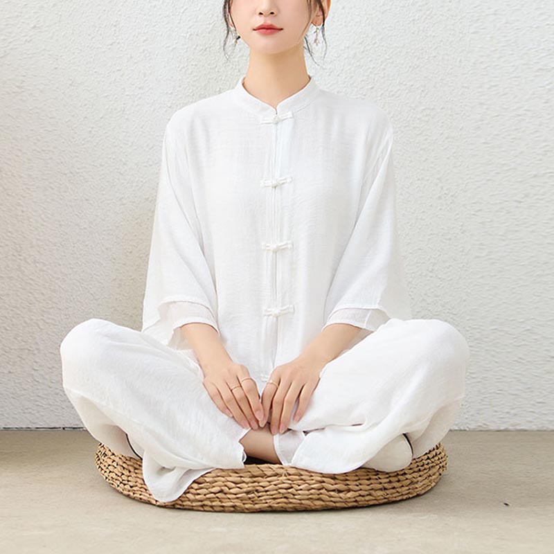 Buddha Stones2点セット シンプル 中国風 カエルボタンデザイン トップス パンツ 瞑想 ヨガ 禅 太極拳 コットン 衣類 レディース セット - image 9