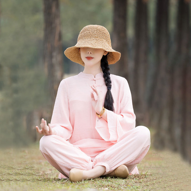 Buddha Stones2点セット 無地デザイン トップス パンツ 瞑想 ヨガ 禅 太極拳 コットン リネン 衣類 レディース セット - ピンクのフロントチャイニーズフロッグボタン（トップス＆パンツ） - US8-10，UK/AU12-14，EU40-42 (2XL) - image 0