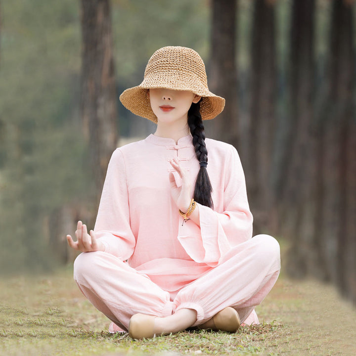 Buddha Stones2点セット 無地デザイン トップス パンツ 瞑想 ヨガ 禅 太極拳 コットン リネン 衣類 レディース セット - ピンクのフロントチャイニーズフロッグボタン（トップス＆パンツ） - US8-10，UK/AU12-14，EU40-42 (2XL) - image 0