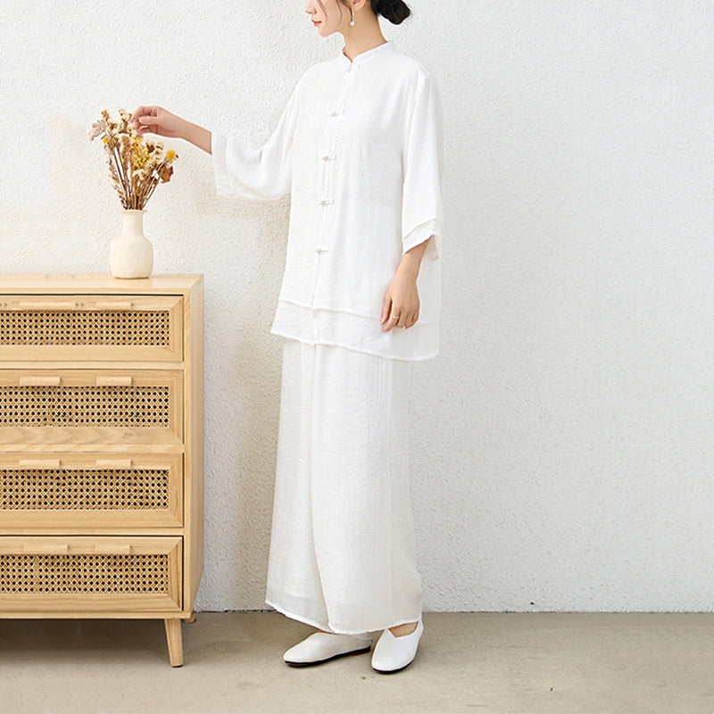 Buddha Stones2点セット シンプル 中国風 カエルボタンデザイン トップス パンツ 瞑想 ヨガ 禅 太極拳 コットン 衣類 レディース セット - image 19