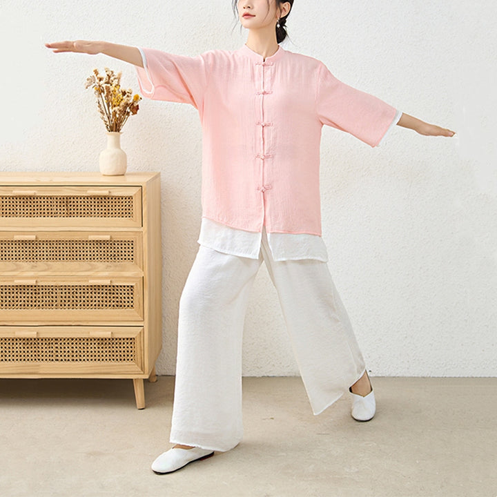 Buddha Stones2点セット シンプル 中国風 カエルボタンデザイン トップス パンツ 瞑想 ヨガ 禅 太極拳 コットン 衣類 レディース セット - image 7