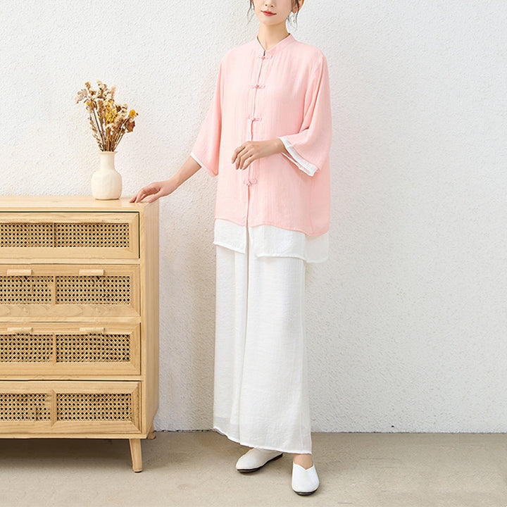 Buddha Stones2点セット シンプル 中国風 カエルボタンデザイン トップス パンツ 瞑想 ヨガ 禅 太極拳 コットン 衣類 レディース セット - image 5