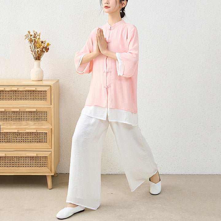 Buddha Stones2点セット シンプル 中国風 カエルボタンデザイン トップス パンツ 瞑想 ヨガ 禅 太極拳 コットン 衣類 レディース セット - image 4