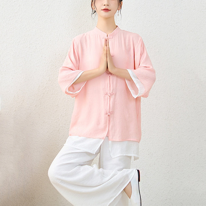 Buddha Stones2点セット シンプル 中国風 カエルボタンデザイン トップス パンツ 瞑想 ヨガ 禅 太極拳 コットン 衣類 レディース セット - image 3
