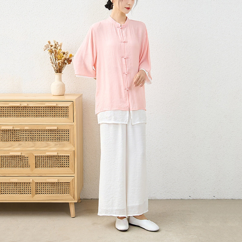 Buddha Stones2点セット シンプル 中国風 カエルボタンデザイン トップス パンツ 瞑想 ヨガ 禅 太極拳 コットン 衣類 レディース セット - image 6