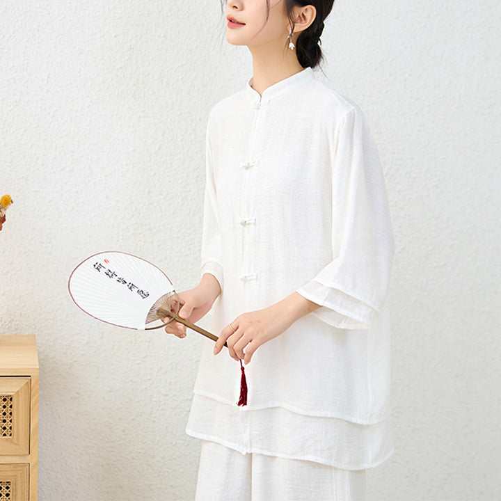 Buddha Stones2点セット シンプル 中国風 カエルボタンデザイン トップス パンツ 瞑想 ヨガ 禅 太極拳 コットン 衣類 レディース セット - image 16