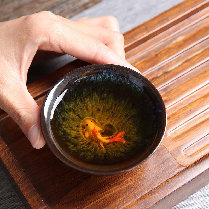 Buddha Stones小さな鯉 青 窯変 中国 建璽 陶器 ティーカップ カンフー ティーカップ 75ml
