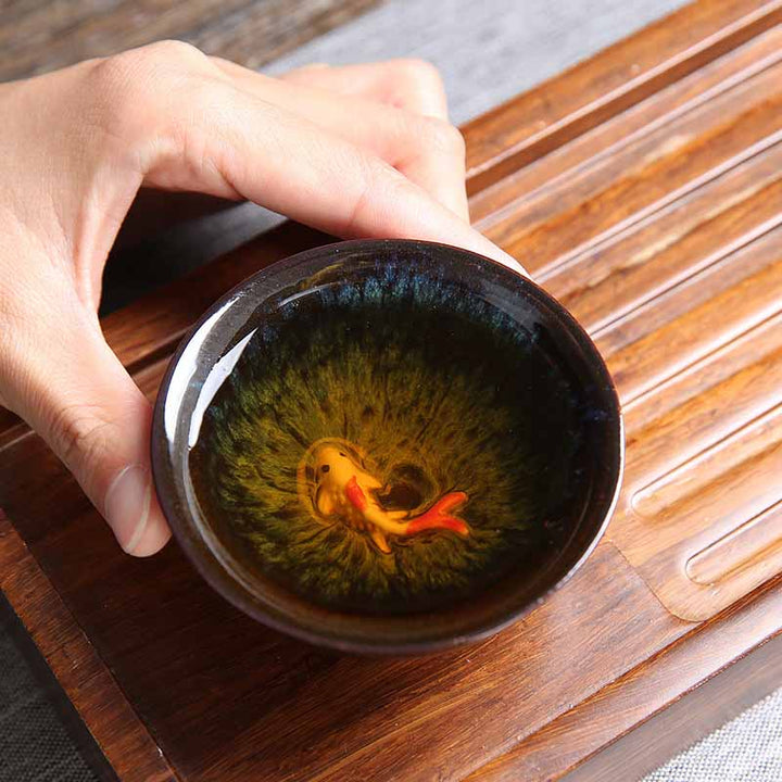 Buddha Stones小さな鯉 青 窯変 中国 建璽 陶器 ティーカップ カンフー ティーカップ 75ml